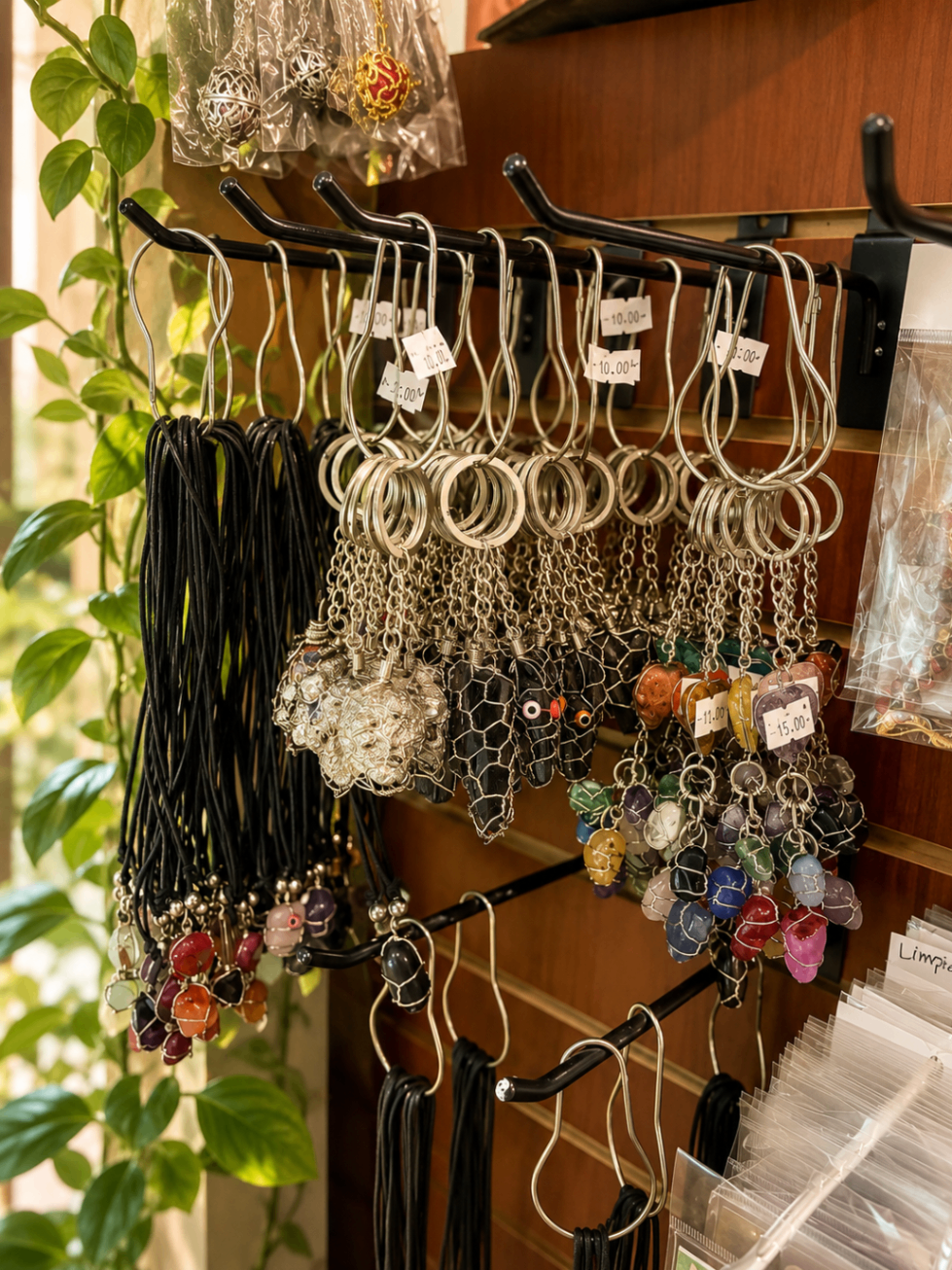 Área con llaveros, rosarios y accesorios colgantes para protección