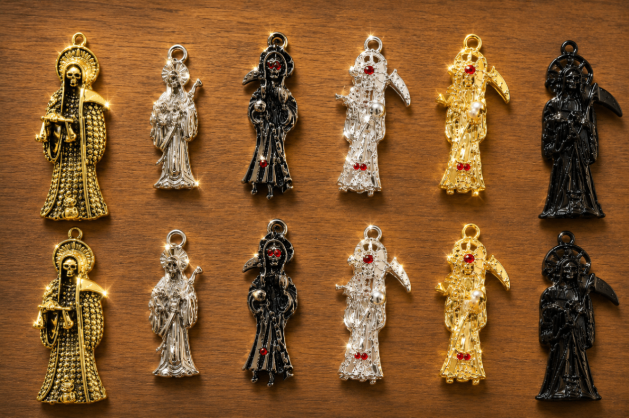 Serie de pequeñas figuras religiosas y protectoras sobre mesa de madera