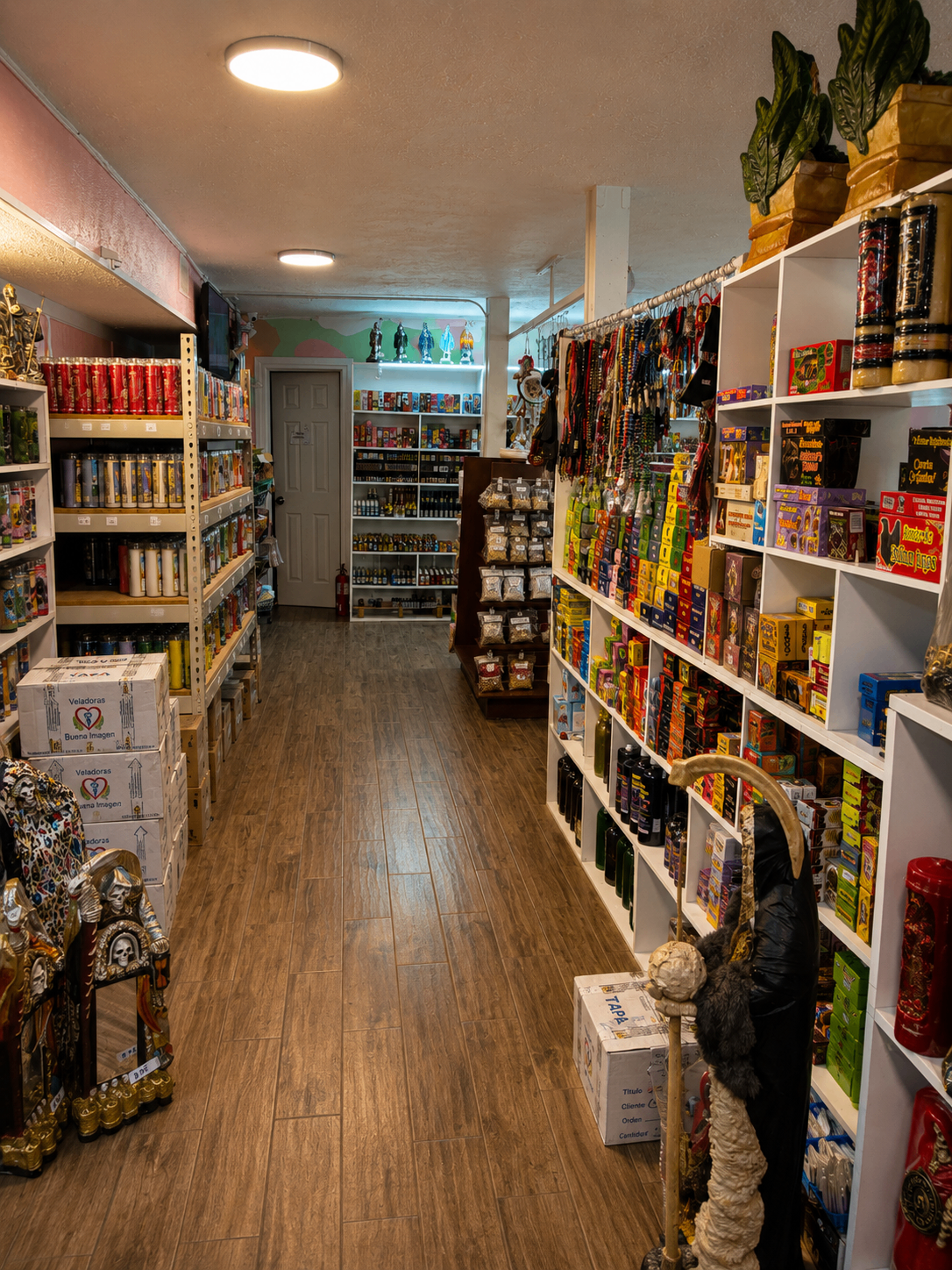 Pasillo interior con estantes de productos espirituales y veladoras