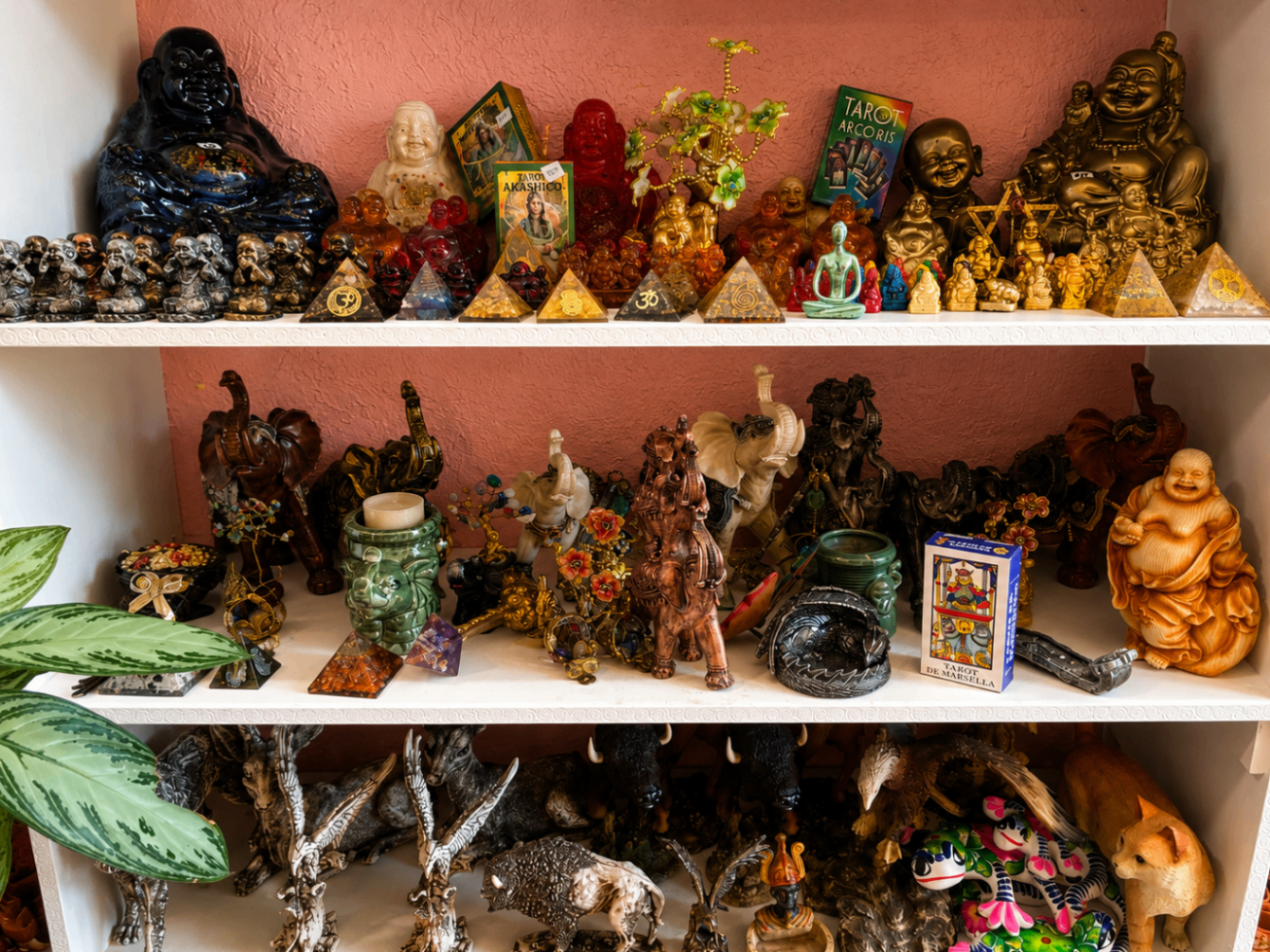 Repisas con artesanías, figuras pequeñas y decoración espiritual
