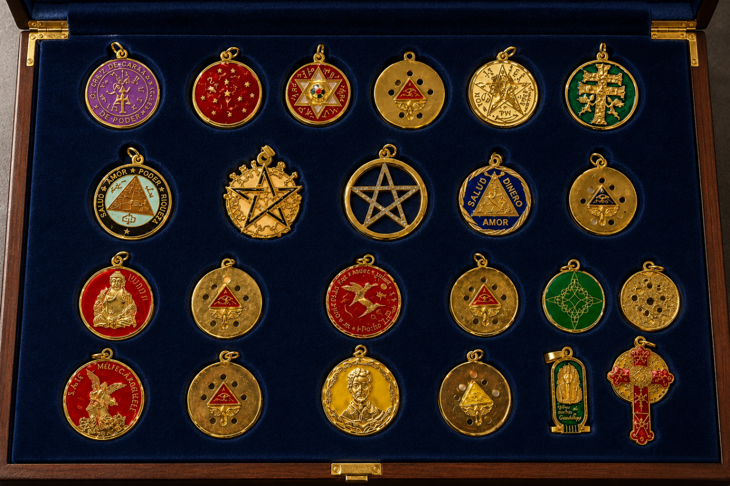 Colección de dijes y medallas espirituales presentadas en estuche azul